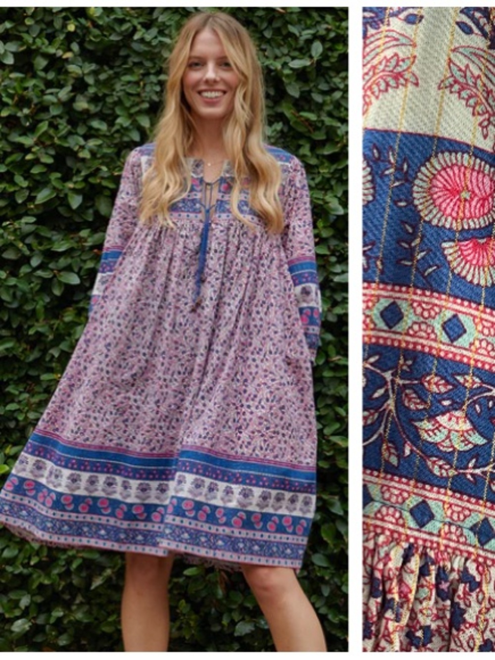 Pink Chicken Jade Dress Boho Block Print Medium
